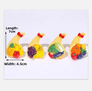 Detailed macro view of four resin cornucopia baskets with miniature colorful fruits and vegetables