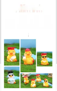 Detail of miniature resin graduation duck figurines with caps and scrolls for desk decor