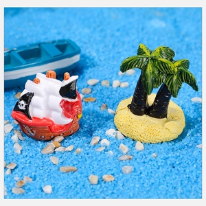 Miniature pirate ship and twin coconut tree set for DIY micro landscape beach scenes