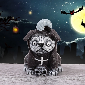 Pug resin figurine with black hood and skull base for Halloween DIY decor