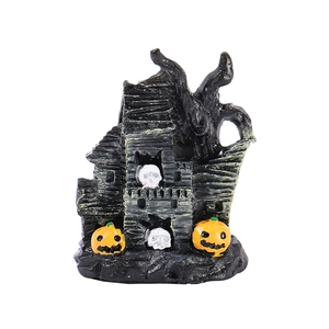 Miniature resin Halloween castle statue with spooky pumpkins for DIY micro landscape