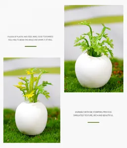 Macro detail of miniature dollhouse succulent with flexible wire stems and white ceramic pot