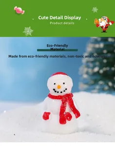 Close-up of resin snowman figurine with red hat and scarf on artificial snow