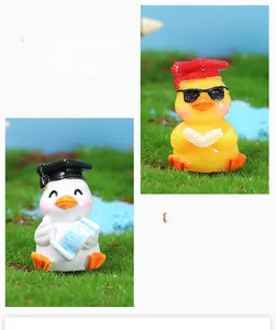 Detail showing creative resin duck figurine with graduation cap and book for micro landscapes