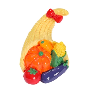Miniature resin harvest cornucopia figurine with realistic pumpkins and vegetables