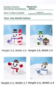 Tabla de tallas detallada para cuatro mini muñecos de nieve de resina con carteles XMAS