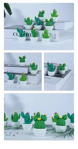 Detail of miniature cactus resin figurines in white pots on decorative books