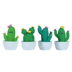 Set of four cute resin mini cactus figurines in white pots for desktop decor