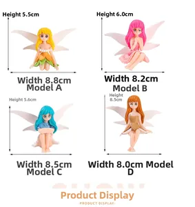 Detailed dimensions of four fairy figurines with colorful wings for desktop decor