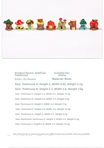 Detailed size chart and specifications for 9 miniature resin fairy garden tree houses