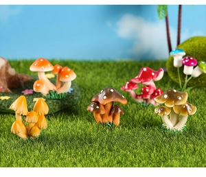 Detailed close-up of colorful resin mushroom figurines for miniature moss landscape decor