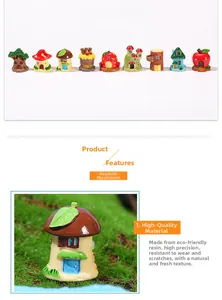 Detail view of colorful resin mini house figurines for micro landscape DIY decor