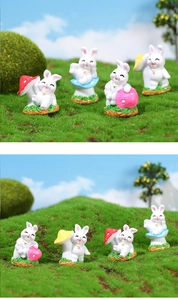 Détails de figurines de lapins en résine avec champignons colorés et décor de jardin