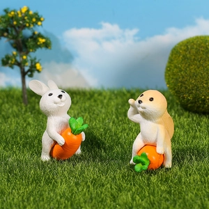 Cute resin rabbit figurines with carrots for miniature garden decor and desk landscape