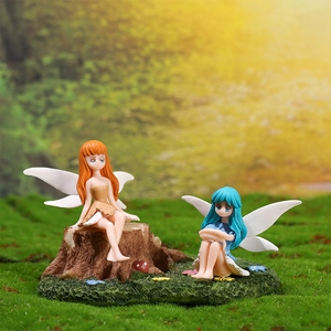 Whimsical forest fairy figurines with wings on moss base for micro landscape decor