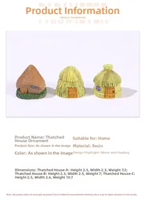 Detailed macro view of three miniature resin thatch huts for moss micro landscapes