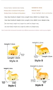 Size chart for cute resin deer figurines showing detailed dimensions and weight for each model