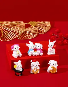 Set of 6 mini resin white rabbit figurines with Christmas hats and winter scarves