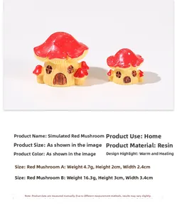 Miniature resin red mushroom house figurine with size and material specifications