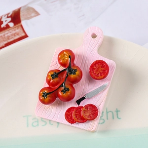 Realistic pink cutting board food fridge magnet with tomato and knife detail