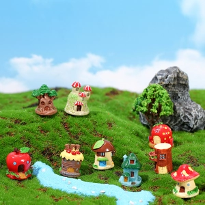 Miniature resin fairy garden kit with cartoon tree houses for DIY moss landscape decor