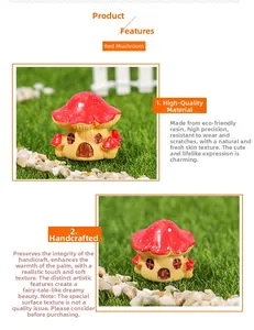 Detailed view of red resin miniature mushroom house for micro landscape bonsai decor