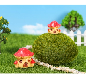 Miniature resin red mushroom house figurine with door detail for micro landscape gardens