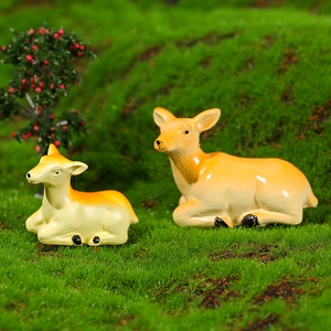 Set of two miniature yellow deer figurines for fairy garden landscaping and home decor