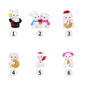 Set of 6 cute white resin rabbit figurines for home decor and car dashboard ornaments