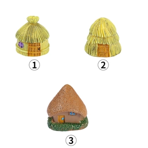 Three miniature resin fairy garden houses with straw roofs for terrarium moss decoration