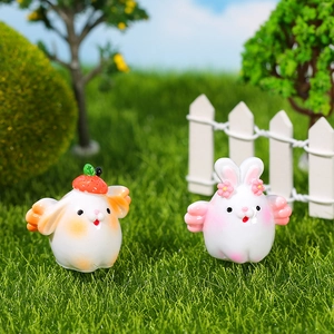 Cute Mini Flying Bunny Resin Figurine Strawberry Hat Flower Design For Micro Landscape Garden Succulent Desktop Decor Ornament