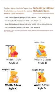 Größentabelle mit Abmessungen für vier Mini-Teddybären aus Harz für Dekoration