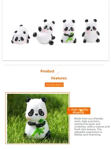 Detail van vier miniatuur panda-beeldjes van hars voor micro-landschappen en decoraties