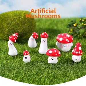 Detailed view of seven resin mushroom miniatures with smiling faces on green moss