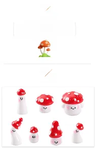 Detailed set of seven resin mushroom figurines with cute smiley faces for fairy gardens