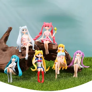 Detailed view of six miniature anime girl figurines on natural wood and grass decor