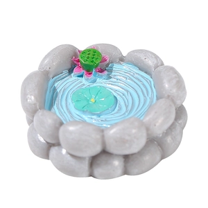 Miniature resin lotus pond figurine with pink flower and green leaf for DIY landscape decor