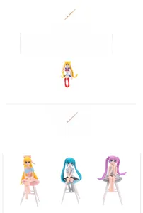 Detailed view of four anime style miniature girls PVC figurines sitting on stools