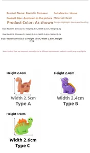 Tabla de tallas con dimensiones y peso de tres figuras de dinosaurios de resina mini