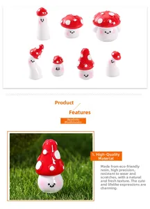 Macro shot of resin miniature mushrooms with smiling faces for terrarium decor