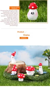 Close-up of cute resin mushroom figurines with smiley faces for moss micro landscapes