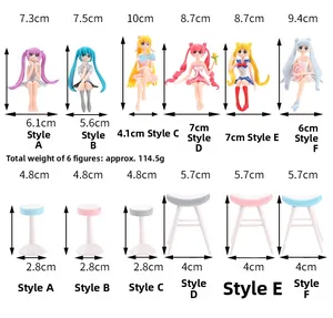 Size chart showing dimensions for six cartoon anime girl figurines in PVC material