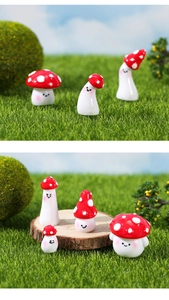 Detail of cute resin mushroom figurines with smiling faces in moss micro landscapes