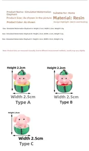 Size chart for miniature resin elephant watermelon figurines showing dimensions and weights