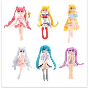 Close-up of 6 detailed miniature PVC anime girl figurines with various cute poses and outfits