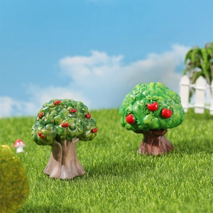 Miniature resin fruit tree set with red cherries and green leaves for fairy gardens