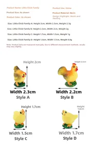 Detailed sizing chart for mini resin chicken figurines showing heights from 1.6cm to 2.3cm
