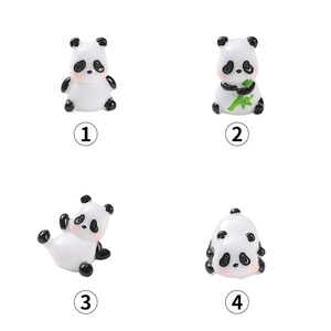 Set of four mini panda figurines in various cute poses for succulent garden decor
