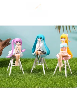 Detailed view of three anime girl figurines with miniature white stools on grass