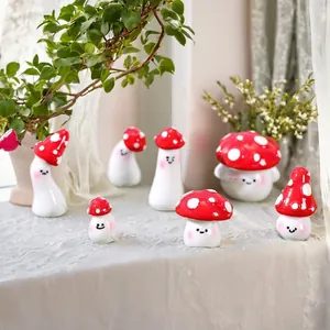 Cute Resin Mushroom Miniature Ornament Smiley Face Red Polka Dot Figurines For Micro Landscape Fairy Garden Home Office Decor